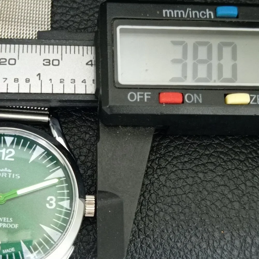 Vintage 1975 Fortis Manual Mens Silver Watch W/Steel Strap & Green accents